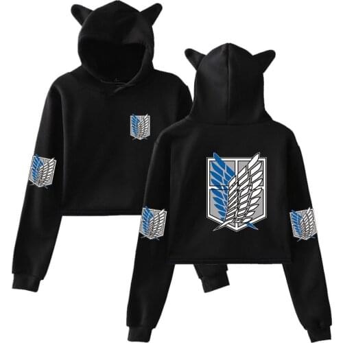 Attack On Titan Hoodie Anime Sweatshirt Women Crop Top Cat ear Hooded Autumn Winter Women Hoody Fleece Cotton Pullover Harajuku