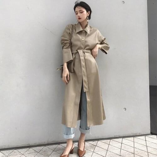 Womens Faux Leather Trench Coat Vintage Single Breasted Loose Windbreaker With Belt Female Chic PU Outerwear