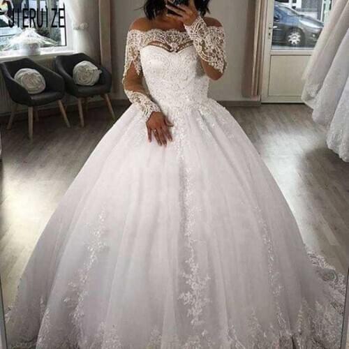 JIERUIZE Gorgeous Dubai Ball Gown Wedding Dress Boat Neck Long Sleeve With Lace Appliques Beaded Bridal Gowns Vestido De Noiva