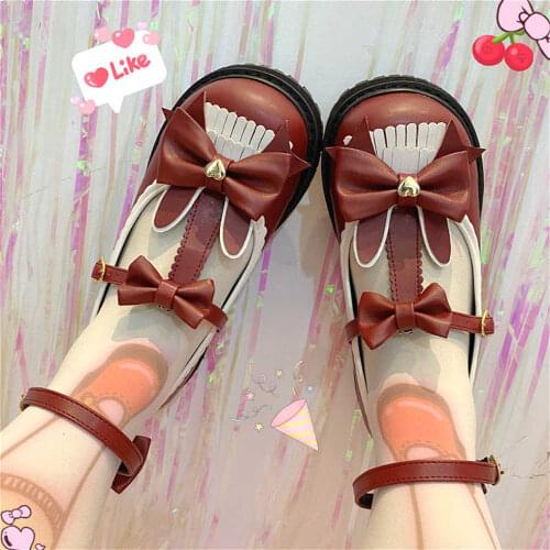 Japanese Gothic Anime Cosplay Lolita Shoe Vintage Round Head Platform Womens Shoes Cute Bowknot Rabbit Ears Student Gothic Loli