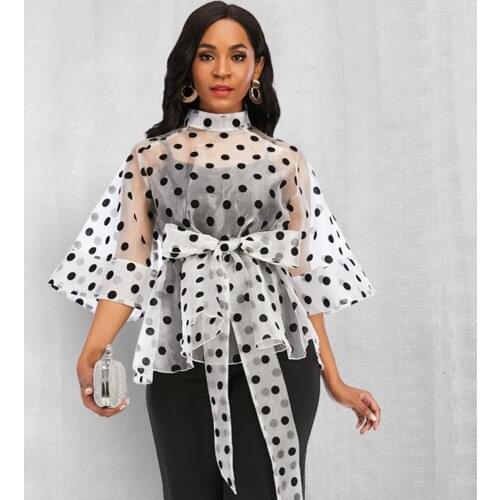 Sexy See Through Blouse and Tops Polka Dot Sashes Waist Slim Ruffles Blouses High Collar Zipper Organza Top 2020 Fashion Female