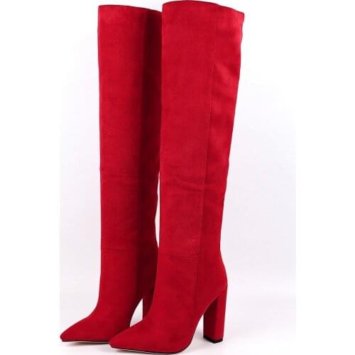 Womens Flock Thigh Boots Fashion New Autumn Winter Loose Boots Ladies Pointed Toe Thick Slip On Heel Warm Womens Shoes