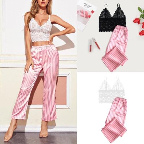 Ladies Striped Lace Pajamas Set Fashion Sexy Lace Underwear Striped Pajamas Satin Comfortable Pajamas Home Set пижама женская 6