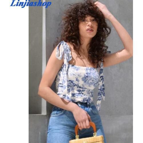 Fashion crop top sexy streetwear floral print camis backless zipper elastic blue women summer tops femme vestidos dropshipping