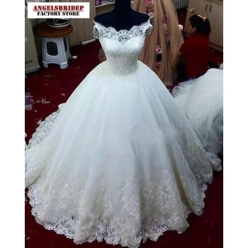 ANGELSBRIDEP Boat-Neck Ball Gown Wedding Dresses Vestido De Noiva Formal Appliques Beaded Court Train Bridal Gowns Lace-up Back