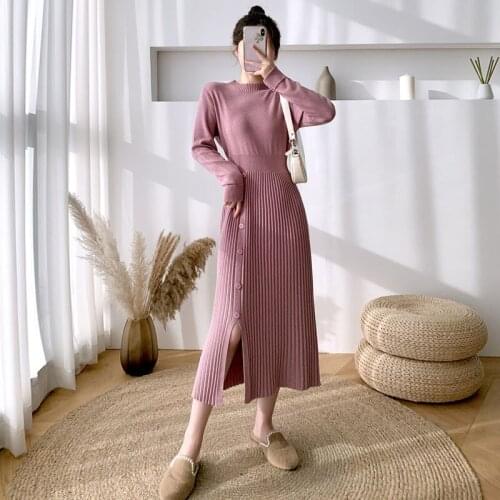 Knitted Dress Women Casual Long Sleeve Vintage Elegant Office Sweater Dress Female 2021 Spring and Autumn Dress Korean