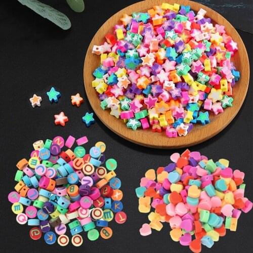 100Pcs/Lot Beads Love Heart Shape Mixed Five-Pointed Star Polymer Clay Spacer Loose Beads For DIY Bracelet Necklace Accessories