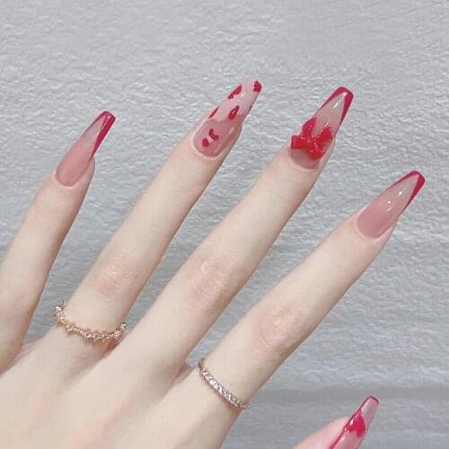 24pcs Bow Nail Patch Glue Type Removable Long Paragraph Fashion Manicure False Nail Patch SK88