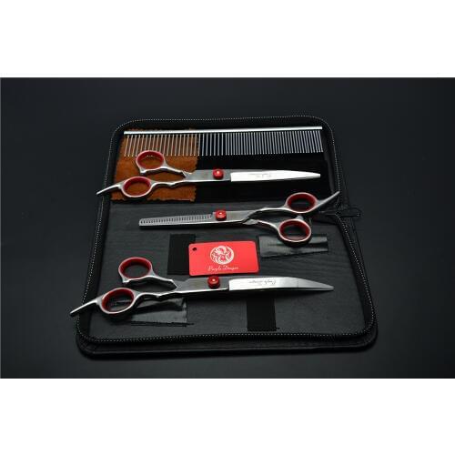 4Pcs Suit 7.0'' 19.5cm Pets Professional Hair Hairdressing Scissors Comb + Cutting + Thinning Scissors +Down Curved Shears Z3001