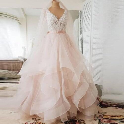 ANGELSBRIDEP V-Neck Ball Gown Wedding Dresses Robe de mariee Fashion Applique Ruffle Floor-Length Formal Bride Dresses Hot Sale