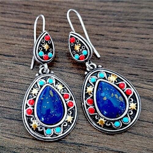 Blaike Boho Ethnic Style Dangle Earrings For Women Blue Water Drop Stone Drop Earring Double-layer Female Earring Jewelry Gifts