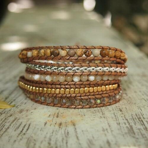 Boho 5Strands Wrap Bracelets for Women Natural Picture Stone Stainless Steel Chains Crystal Shell Copper Beads Bracelet Female