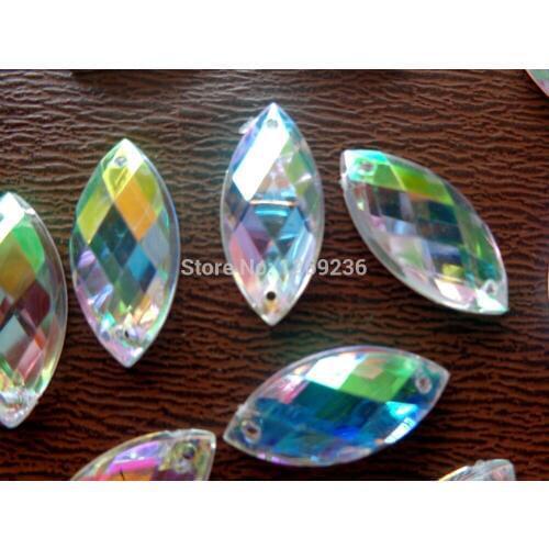 Loose beads Navette shape flat surface 9*20 Clear AB Sew On Acrylic Crystal Rhinestone 100PCS