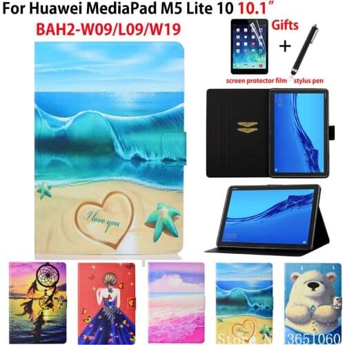 For Huawei MediaPad M5 Lite 10 Case Cover BAH2-L09/W09/W19 10.1" Funda Tablet Cute Painted Flip Stand Capa Shell Coque +Gift