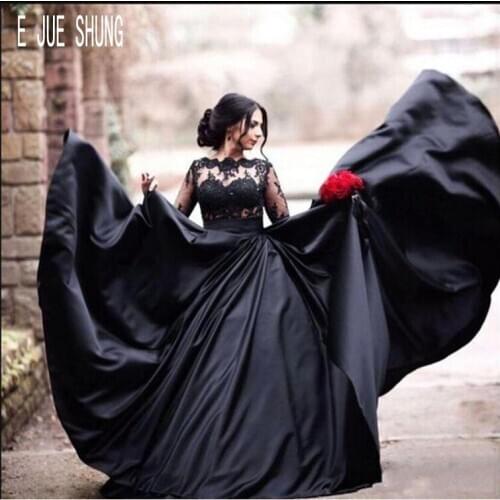 E JUE SHUNG Black Vintage Wedding Dresses Illusion Long Sleeves Bateau Neck Lace Appliques Sheer Back Wedding Bridal Gowns