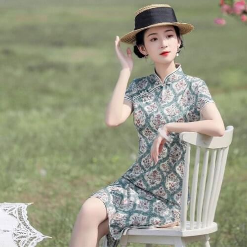Chinese Vintage Style Womens Sexy Formal Suede Cheongsam Floral Print Mandarin Collar Qipao Short Mini Dress M L XL XXL XXXL