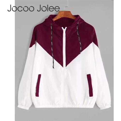 Jocoo Jolee Spring Autumn Fashion Hooded Two Tone Windbreaker Jacket Zipper Pockets Casual Long Sleeves Feminino Coats Outwear
