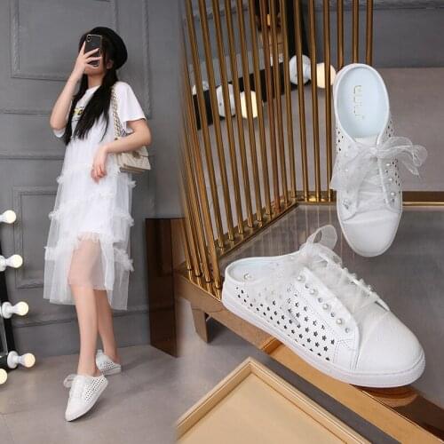 Round toe hollow out leather slippers women/girls fresh lace creepers slides breathable small white shoes slip on espadrilles