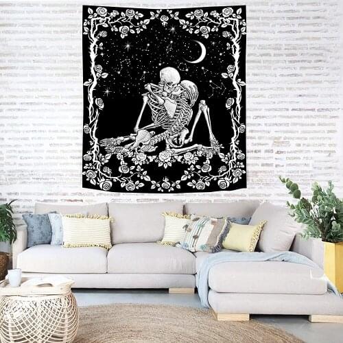 Skull Tapestry The Kissing Lovers Tapestries Trippy Home Bedroom Dorm Decor Black Tarot Tapestry Skeleton Hippie Wall Carpet