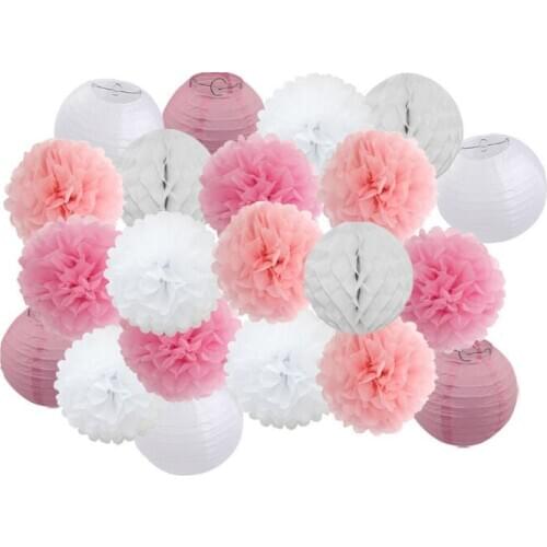 Hot 21pcs/set Pink Set Round Paper Lanterns For Baby Girl Shower Decoration Baptism Party Decor Hanging Paper Crafts Ornament