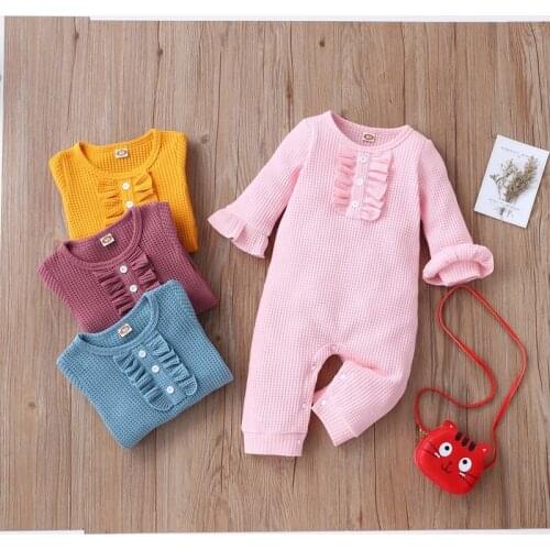 2021 Hot Selling Spring Fall Baby Clothes Girl Solid Ruffles Flared Sleeves Baby Rompers Soft Baby Playsuit Baby Onesie 0-3Y