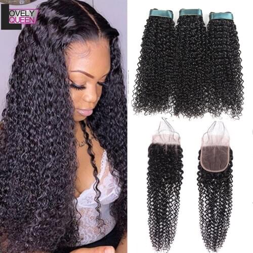 Kinky Curly Hair Bundles with Closure Peruvian Curly Human Hair 3 Bundles With Closure Non Remy Natural Color Hair Extension