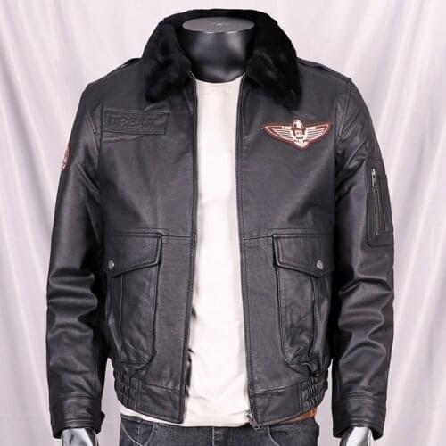 Autumn/Winter Men Genuine Leather Flight Suit Fur Collar Leather Jacket Short Loose Cowhide Jacket Coat Large Size XL 2XL 3XL