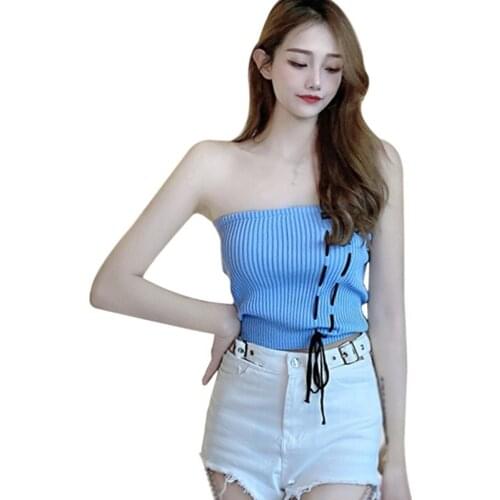 Summer Small Suspender Vest Womens Short One Shoulder Sexy Bandage Slim Knit Tank Top