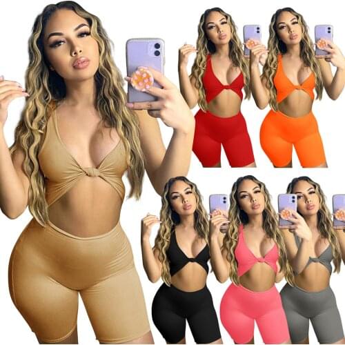 Hot-Selling Sexy Low-Cut Womens Clothing Solid Color Knotted Sports Slim Casual Shorts Jumpsuit