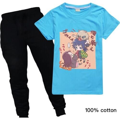 Harajuku Kimetsu Kawaii Cotton Kids Tshirts+Pants Children Toddler Boy Girls Summer Clothes Sets Cartoon Demon Slayer Clothing