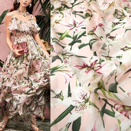 145cm Width Fashion Pink and Black Lily Flower Printed Thin Chiffon Fabric For Woman Summer Dress Blouse DIY Cloth Sewing