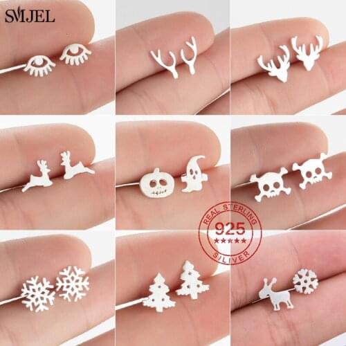 Cartoon Animal Pumpkin Ghost Deer Stud Earrings Small Snowflake Earing for Girls Kid 925 Silver Christmas Jewelry Women Gifts