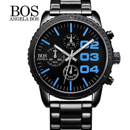 Mens Chronograph Analog Quartz Wrist Watch Black Dial Stainless Steel Bracklet 8013