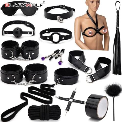 15 PCS Black Sex Bondage Kits Bed Restraint Bondage Set BDSM Handcuffs Collar Whip Erotic Sex Toy For Couples Gay Adult Games