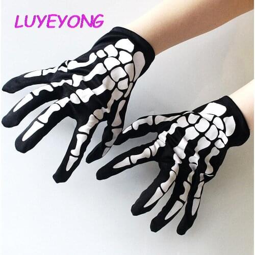 2020 Novelty Nylon Skeleton Print Scare Props Gloves Hipster Street Goth Acessory Black Cool Halloween Women Wrist Length Glove