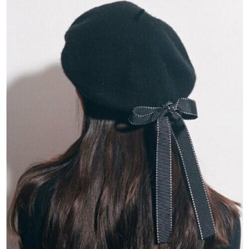New Womens Ladies Fashion Beret Harajuku Wool Basque Beret Hat With Bowknot