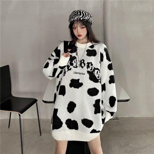 Autumn loose cow jacquard round neck long sleeve pullover sweater knitted sweater simple fashion sweater women