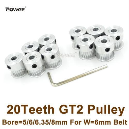 POWGE 30pcs 20 Teeth 2GT Timing Pulley Bore 5/6/6.35/8mm Fit Width 6mm 2GT Timing Belt 3D Printer Parts 20T 20Teeth GT2 Pulley