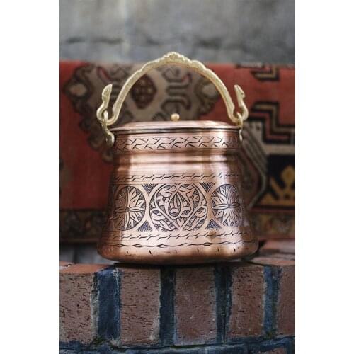 Handmade Engraved Embroidered Copper Bucket 3lt Nordic Style 15x15cm Tinned Hygienic Traditional Turkish Patterns Made in Turkey