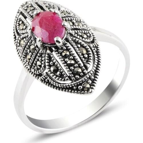 Silver 925 Sterling Red Agate & Marcasite Ring