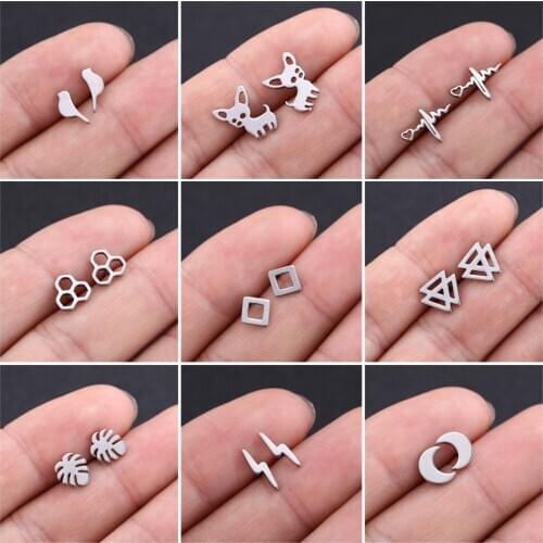 Teamer Stainless Steel Stud Earrings for Men Fashion Geometric Heart Star Moon Tree Cross Earrings for Women Vintage Jewelry