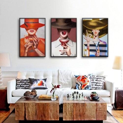 Modern Fashionable Wine Girl Art Canvas Paintings Printed Poster Hotel Living Room Decoration Home Decor