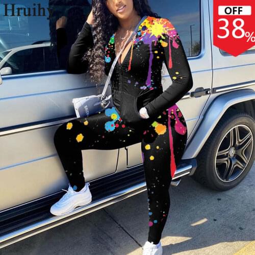 Track Suit Women Ink-jet Printing Long Sweatshirt Front Zipper Long Pants Clothing Women Pockets Casual Knit 2 Piece Set Sport