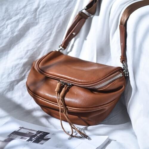Retro simple womens genuine leather saddle bag top layer cowhide shoulder bag wide shoulder strap crossbody womens bag