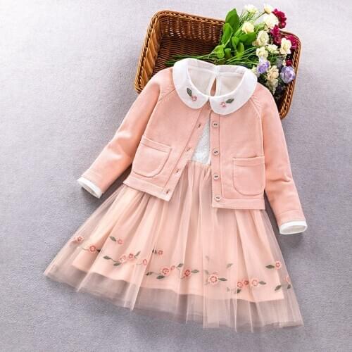 Spring Autumn Girls Dress Sweater 2pcs Clothing Set Children Long-Sleeved Embroidered Mesh Dress Cardigan Clothes Set