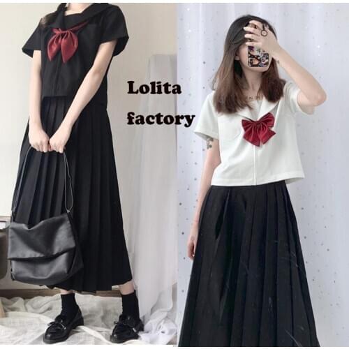 High quality New Arrival Sailor suit School uniform sets JK school uniforms girls White shirt black plain pleated skirt suits