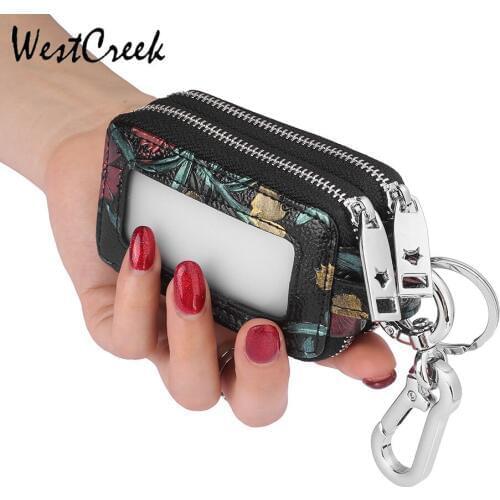 WESTCREEK Dragonfly Fowers Animal Printing Embossed Car Key Wallet Double Zipper Organizer Keychain Transparent Window