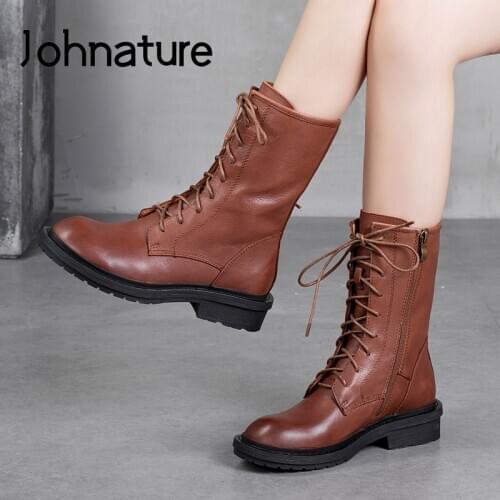 Johnature 2020 New Autumn Platform Boots Women Shoes Genuine Leather Lace-up Flat With Round Toe Zip Handmade Women Boots