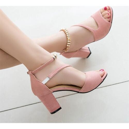 2020 spring sexy fish mouth hollow Roman sandals thick with a word with beaded high heels female summer Sexy female sandals x25