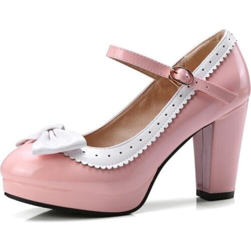 2021 NES Size 34-39 Lolita Mary Janes Women High Heels Shoes Sweet Bowknot Ruffles Dress Party Wedding Shoes Bridal Princess